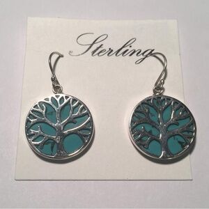 New Tree of Life Sterling Silver & Stabilized Turquoise Round Dangle Earrings